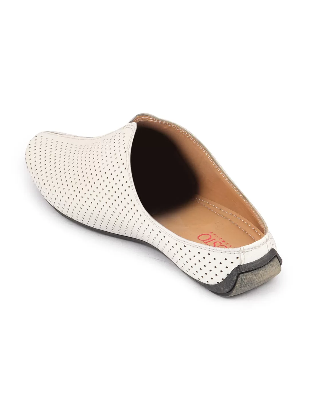 Men White Back Open Perforated Design Ethnic Party Wedding Mules Slip On Shoes