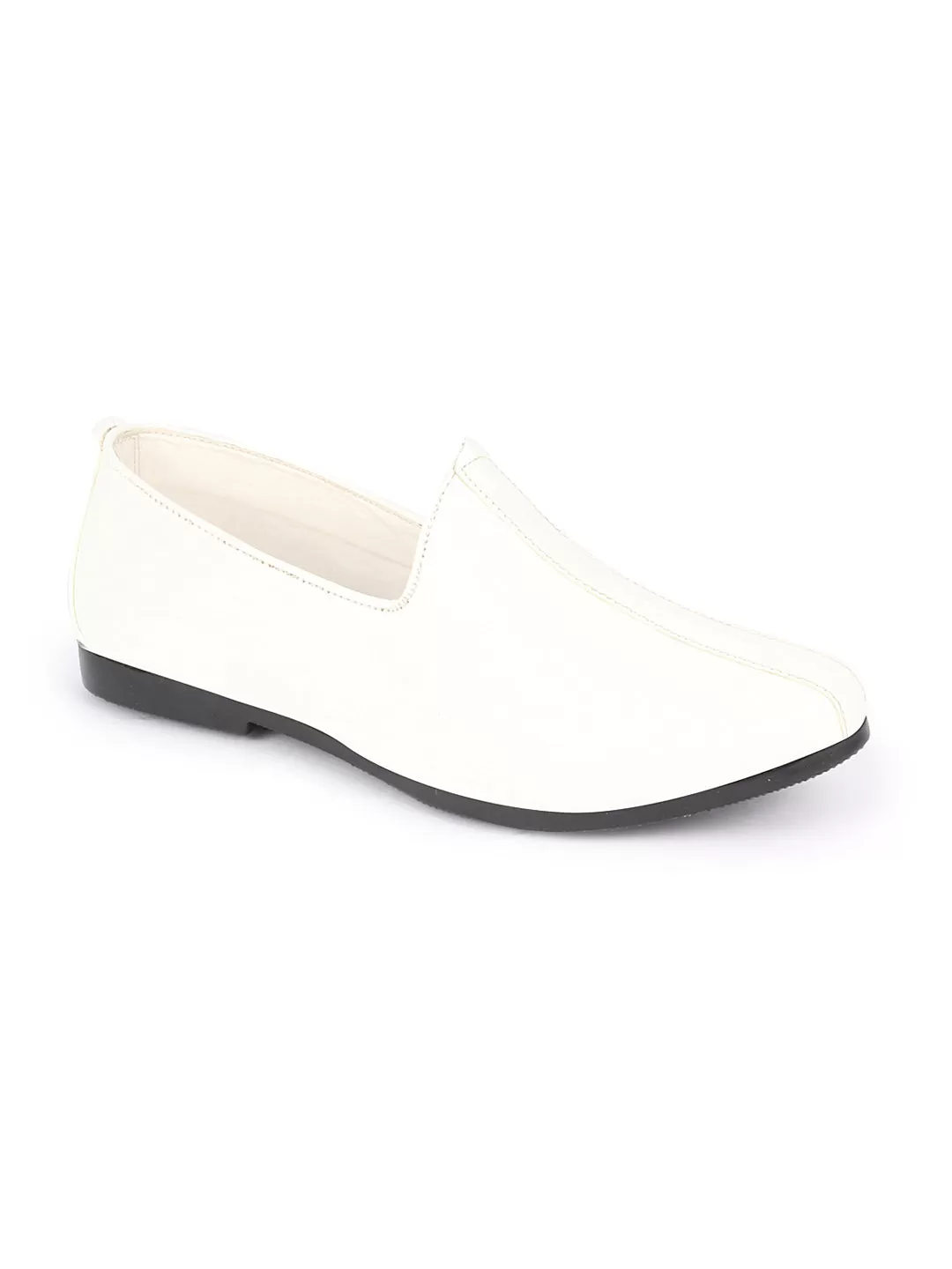 Men White Glossy Shine Textured Design Wedding Festive Ethnic Slip On Jutis and Mojaris