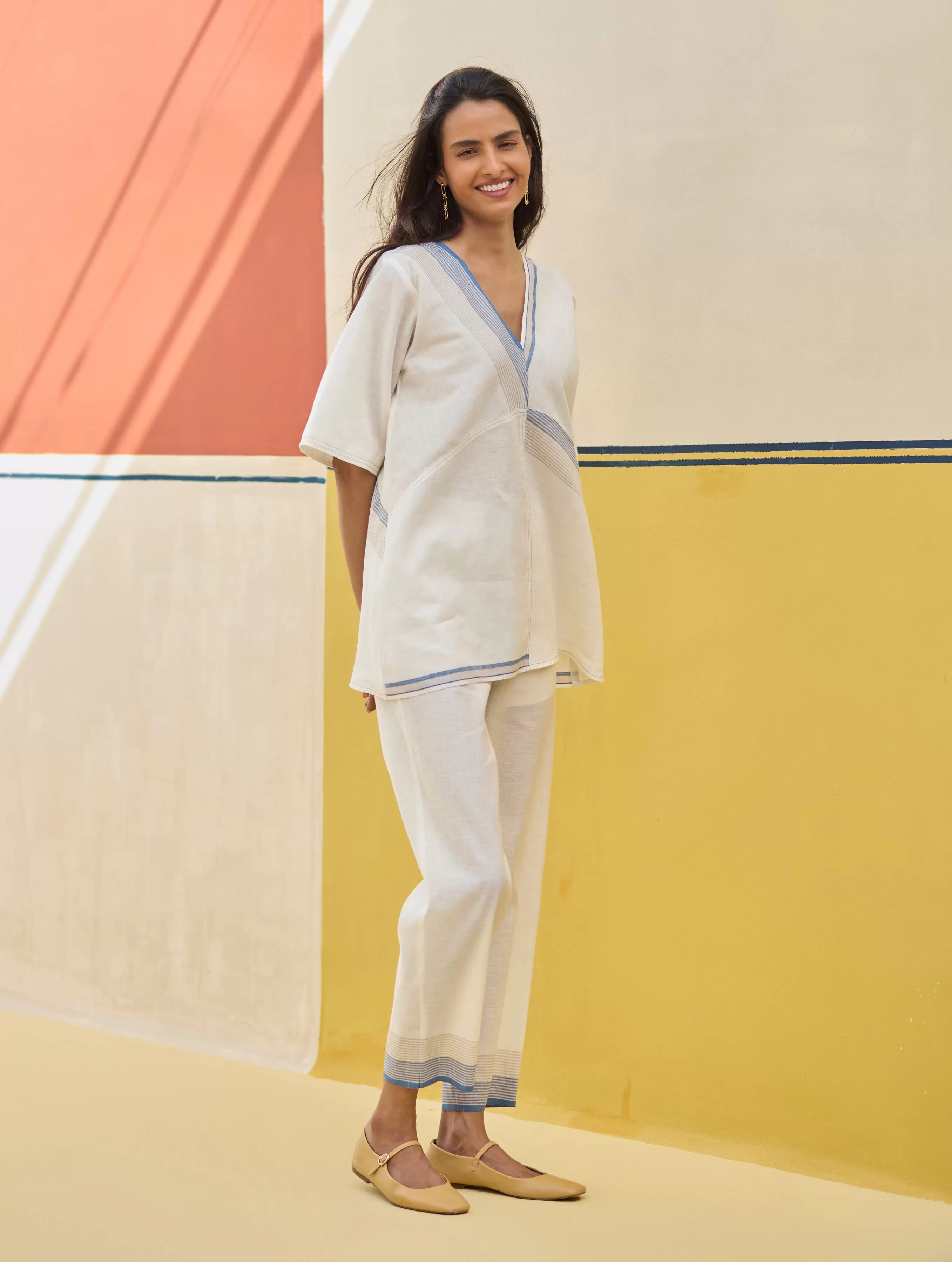 Moriko Border Linen Top - Ivory