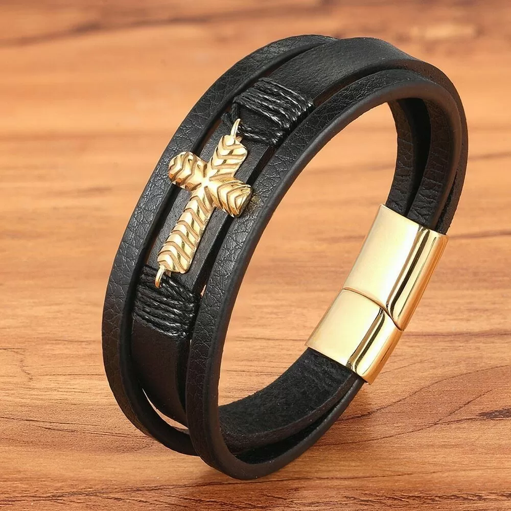 Multi-Layer Leather Stainless Steel Cross Religious Bracelet