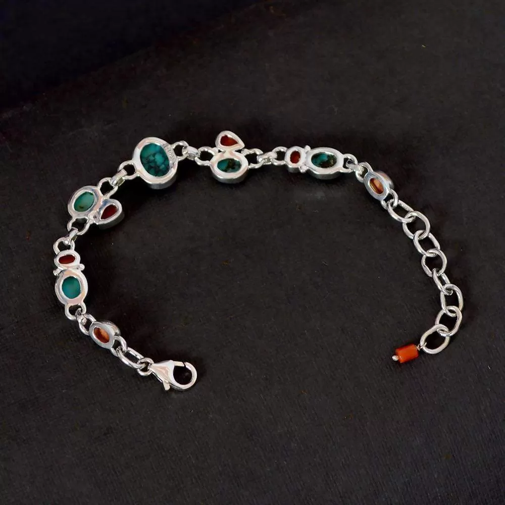 Natural Arizona Turquoise, Coral, Sponge Coral And Tibetan Turquoise 925 Solid Silver Bracelet