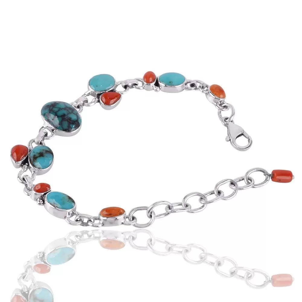 Natural Arizona Turquoise, Coral, Sponge Coral And Tibetan Turquoise 925 Solid Silver Bracelet