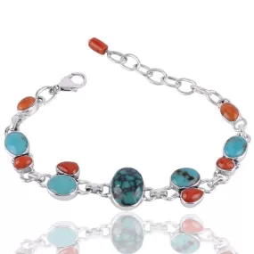 Natural Arizona Turquoise, Coral, Sponge Coral And Tibetan Turquoise 925 Solid Silver Bracelet