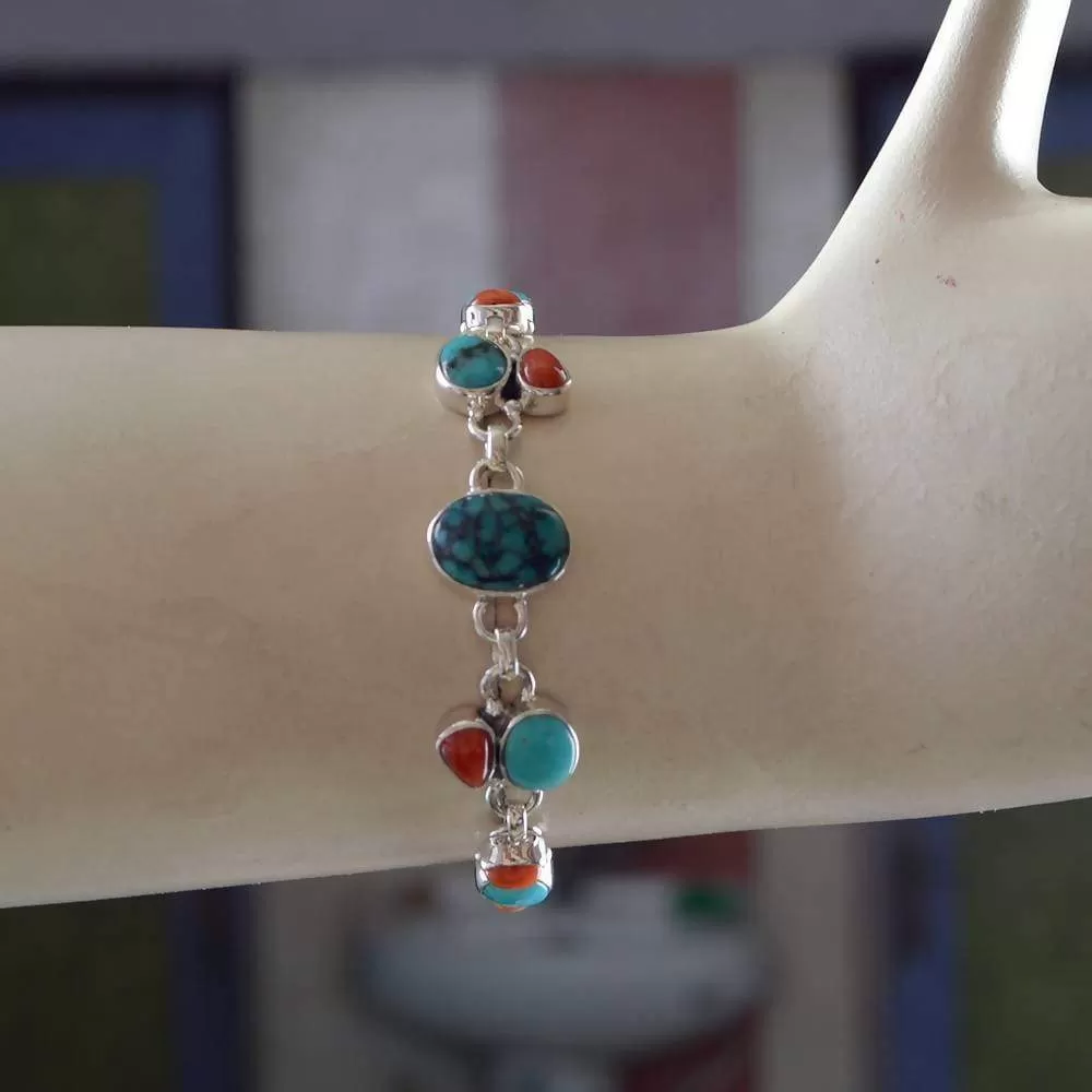 Natural Arizona Turquoise, Coral, Sponge Coral And Tibetan Turquoise 925 Solid Silver Bracelet