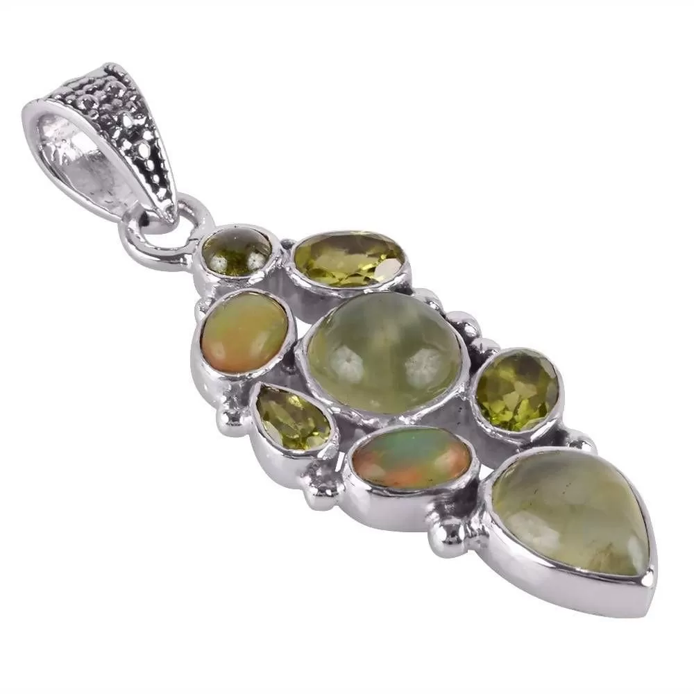 Natural Ethiopian Opal, Idocrase, Peridot And Prehnite Gemstone Sterling Silver Pendant