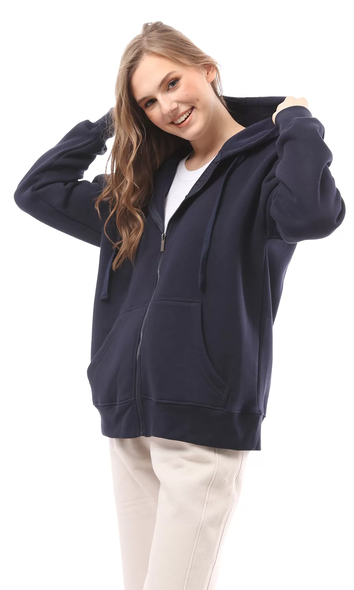 O172208 Front Zipper Solid Navy Blue Sweatshirt