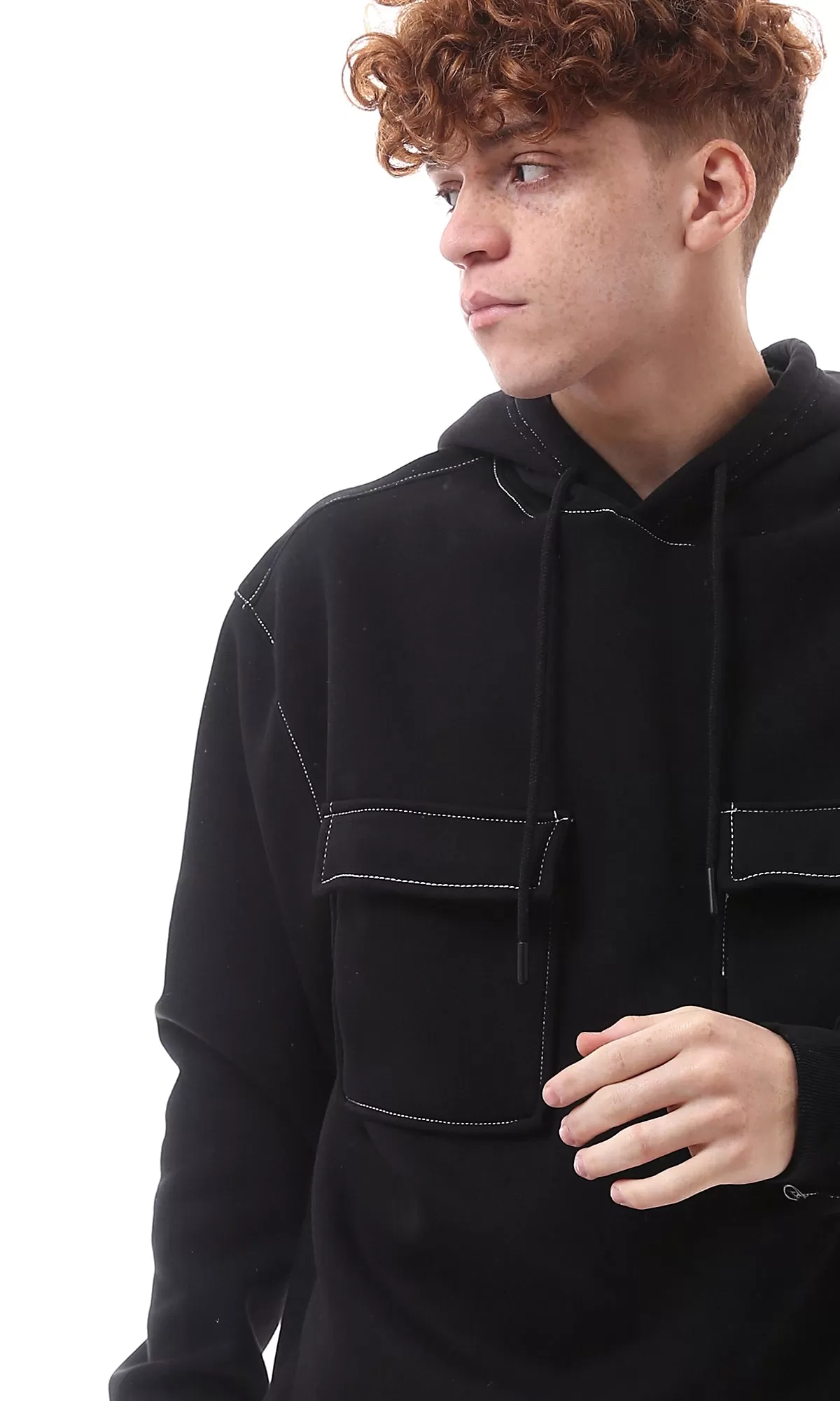 O175339 Front Patched Pockets Black Winter Hoodie