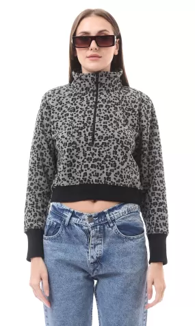 O175446 Grey & Black Leopard Zipped Neck Sweatshirt