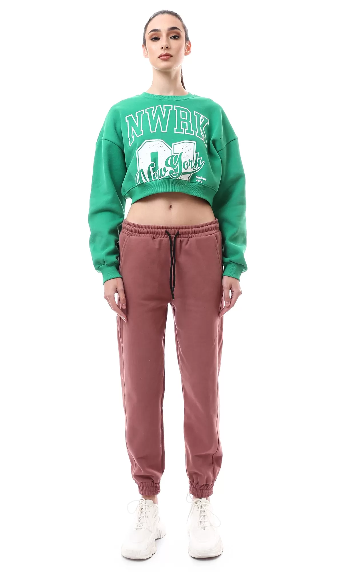 O176245 Green Coziness Cropped Sweatshirt With Elastic Hem