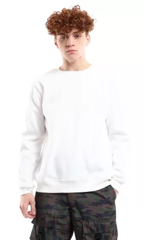 O178003 White Crew Neck Solid Sweatshirt With Inner Fleece