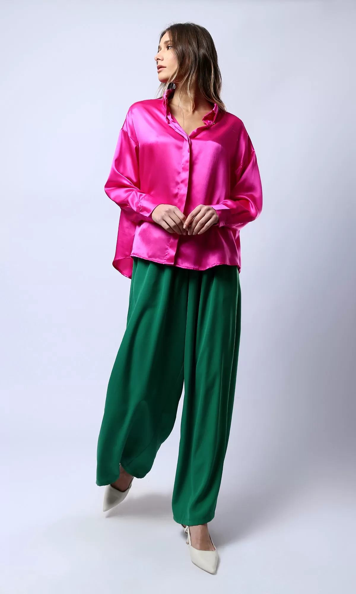 O179826 Elastic Waist Slip On Green Wide Pants