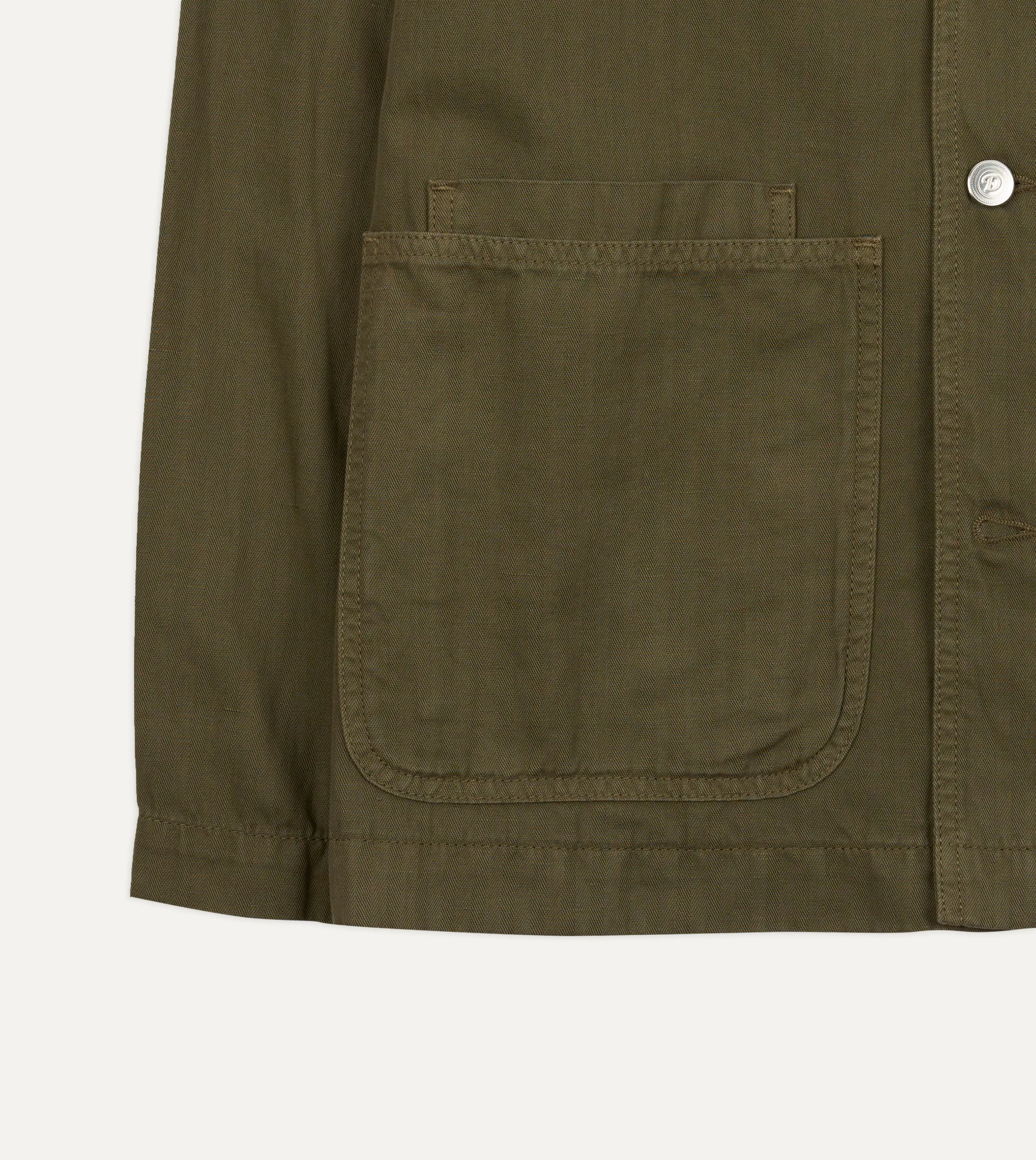 Olive Cotton-Linen Herringbone Fatigue Jacket