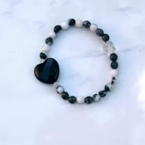 Onyx Gemstone Heart, Zebra Jasper, and Clear Quartz Stretch Bracelet