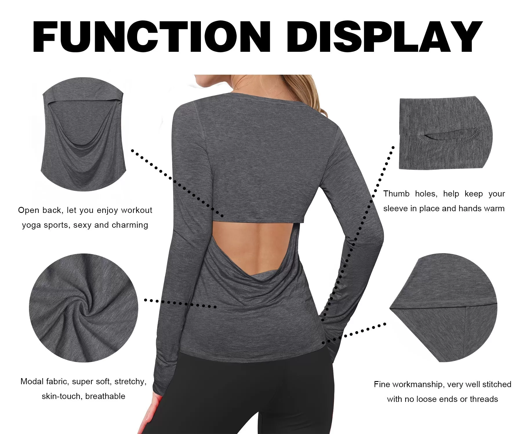 Open Back Long Sleeve Tops heathercharcoal_yogastudio