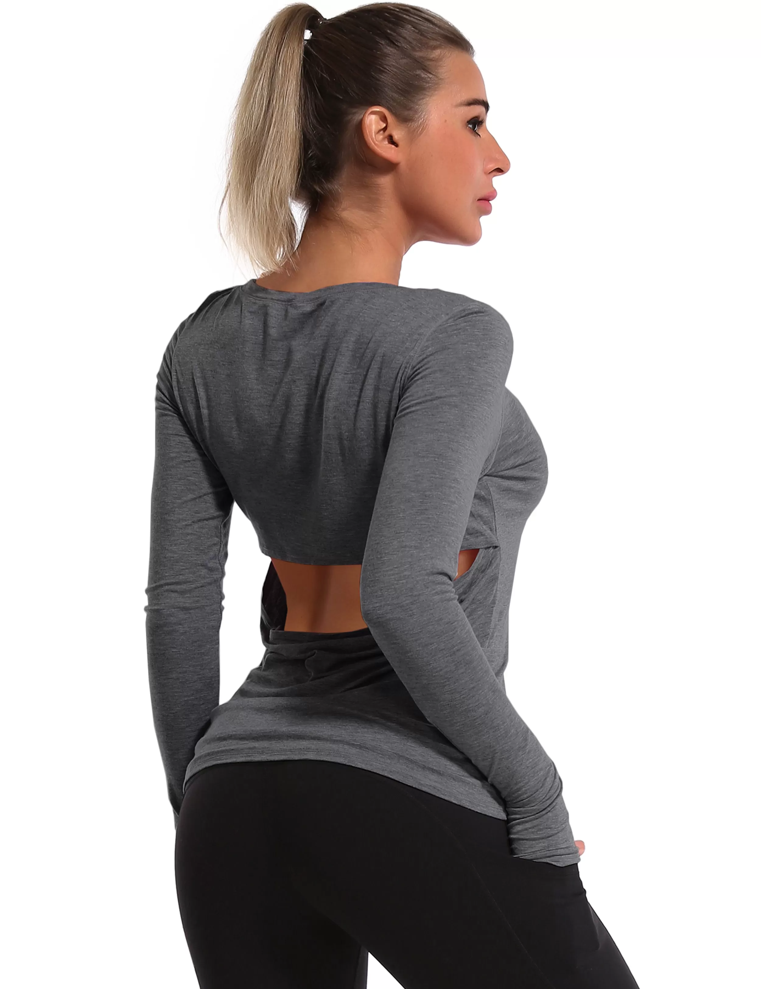 Open Back Long Sleeve Tops heathercharcoal_yogastudio