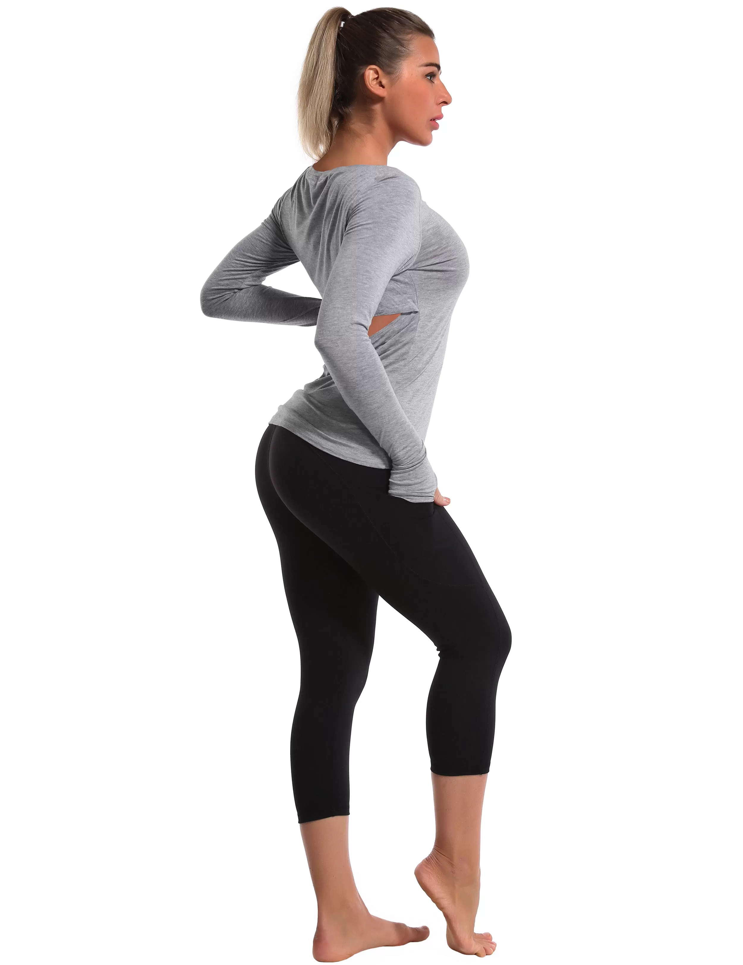 Open Back Long Sleeve Tops heathergray_yogastudio