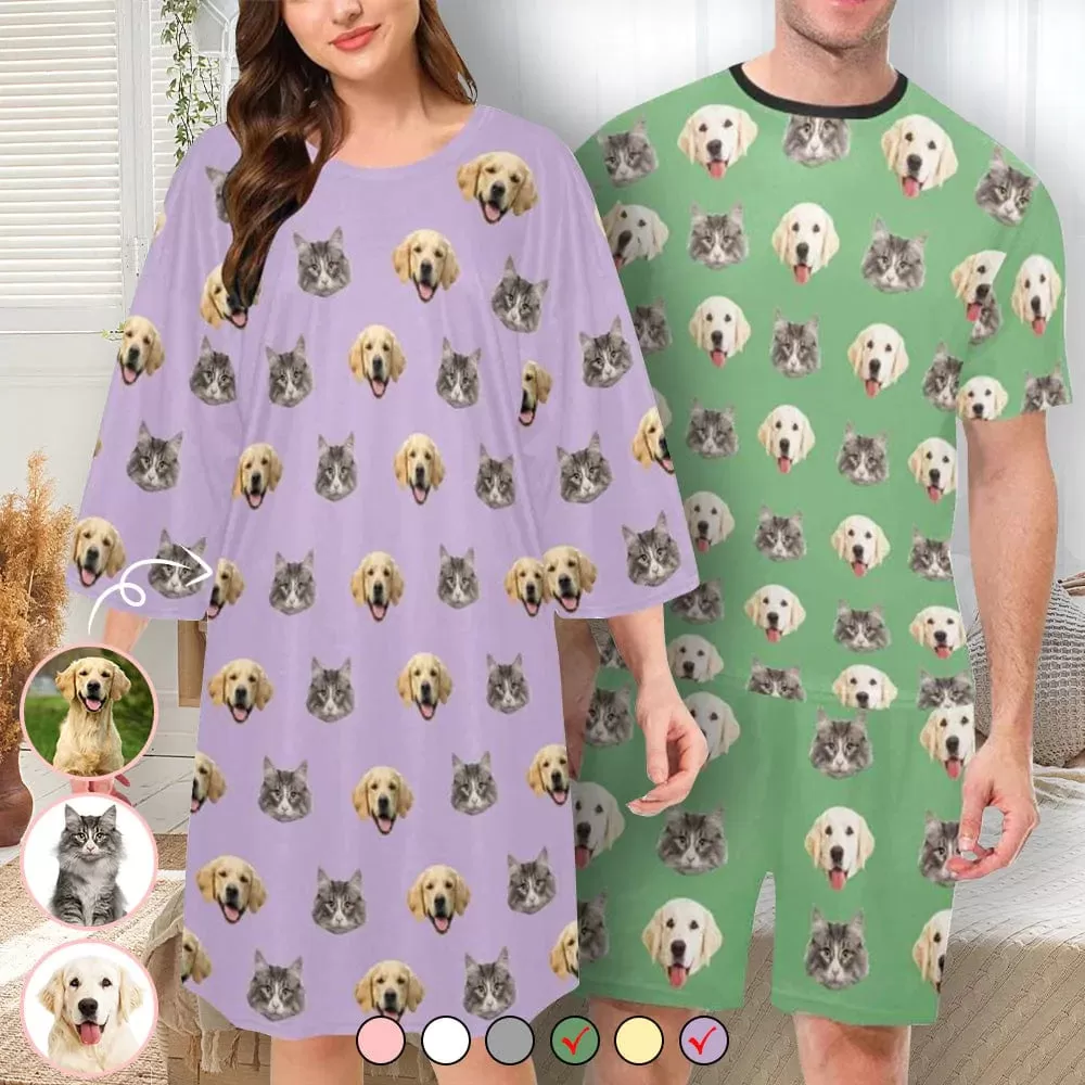 Personalized Pet Faces Multicolor Men Sleepwear&Women's Oversized Sleep Tee Custom Dog Cat Crew Neck Couple Matching Short Pajama Set