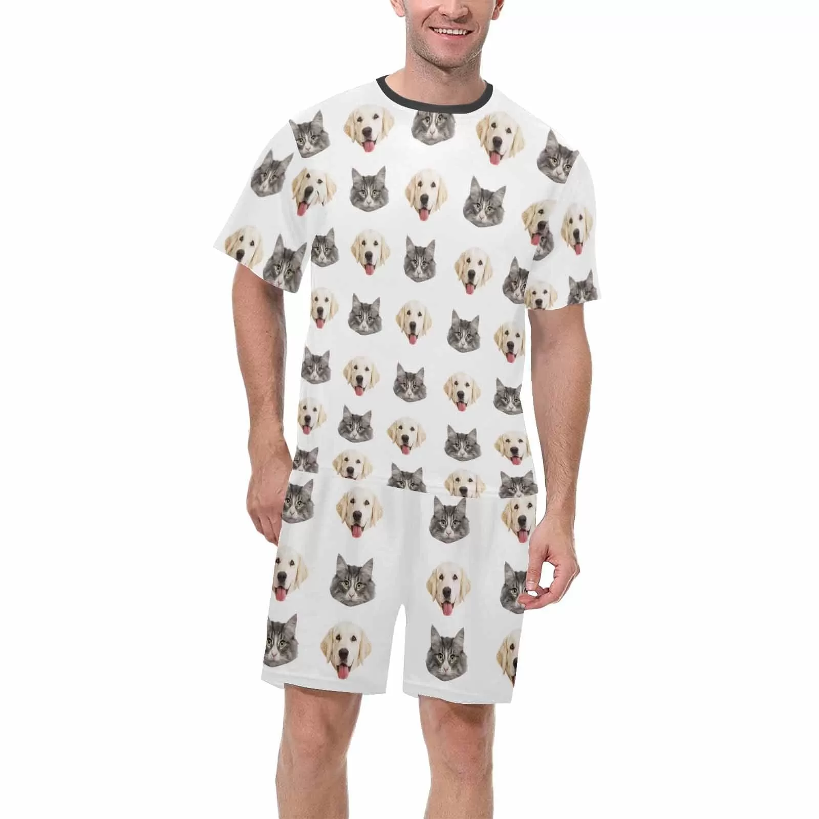 Personalized Pet Faces Multicolor Men Sleepwear&Women's Oversized Sleep Tee Custom Dog Cat Crew Neck Couple Matching Short Pajama Set