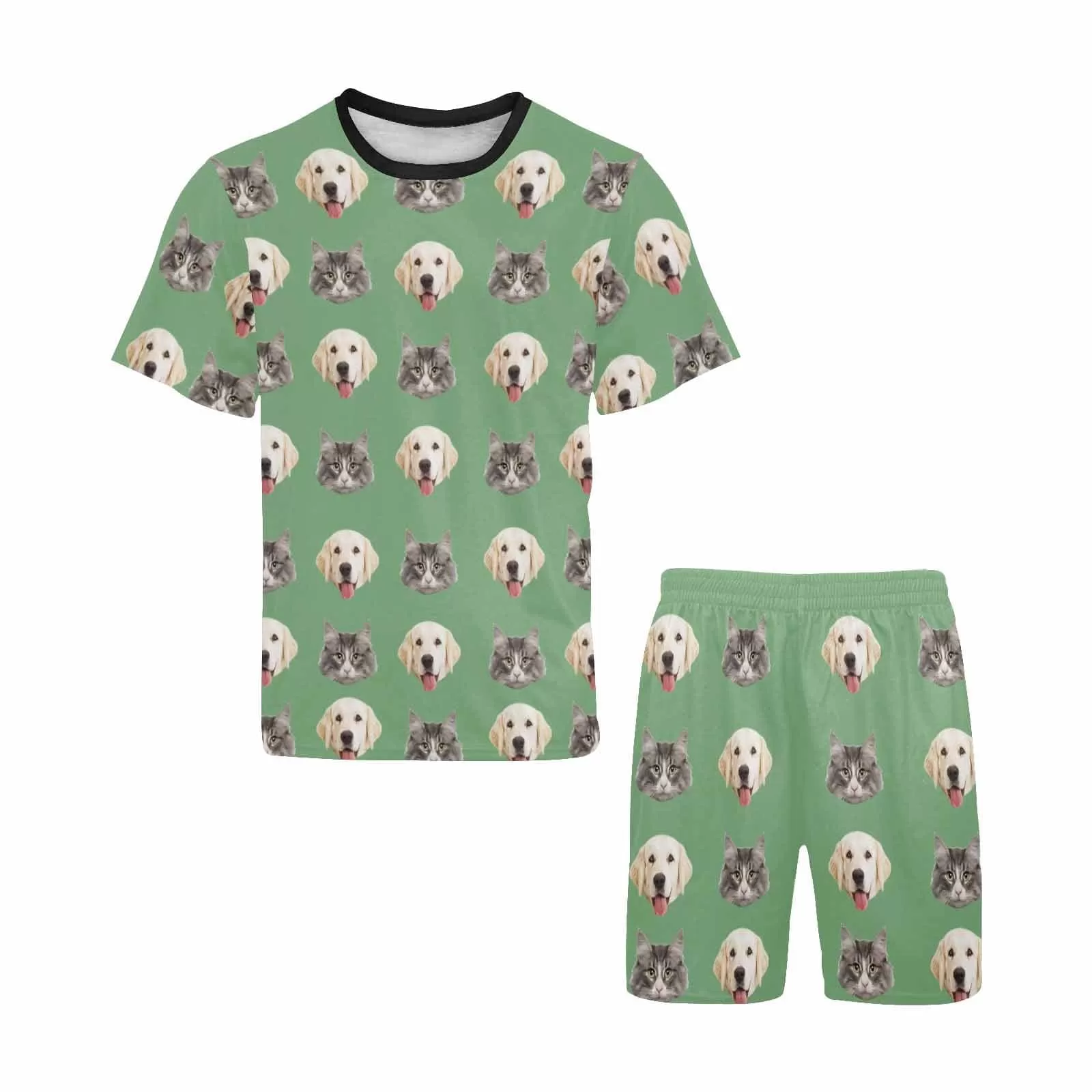 Personalized Pet Faces Multicolor Men Sleepwear&Women's Oversized Sleep Tee Custom Dog Cat Crew Neck Couple Matching Short Pajama Set