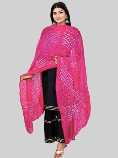 Pink White Bandhani Bandhej Dupatta