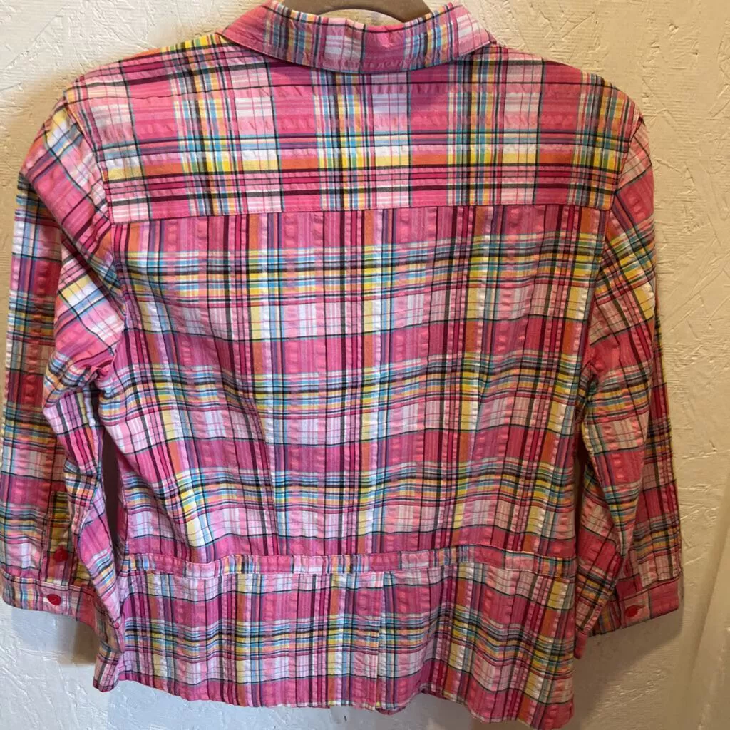 Plaid Semi Gauze 1 Pcoket Button Up Blouse