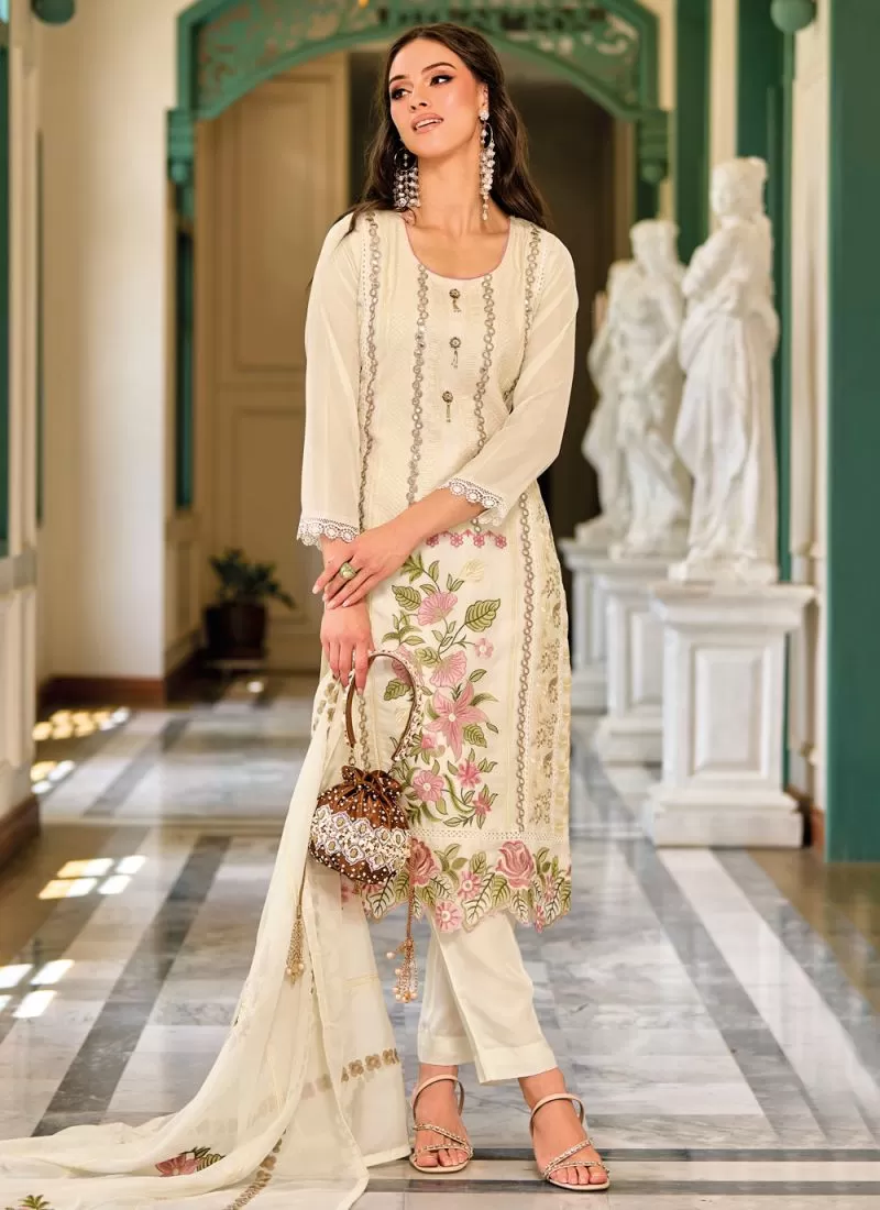 Pleasing Off White Festive Wear Kurti Suits With Dupatta