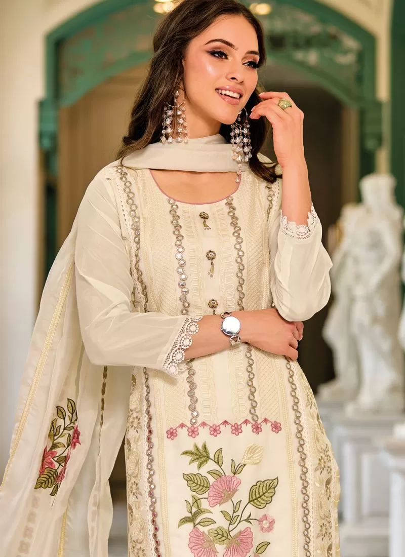 Pleasing Off White Festive Wear Kurti Suits With Dupatta