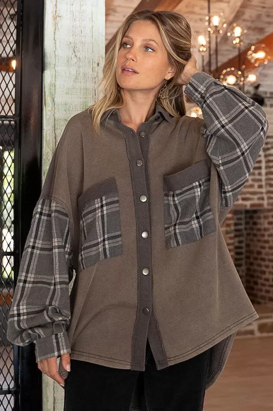 POL Plaid and Terry Long Sleeve