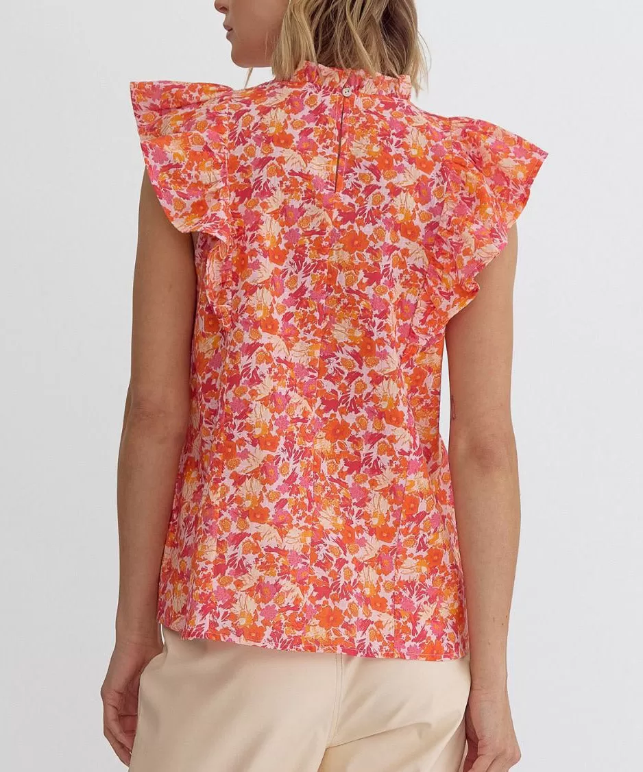 Printed Top with Ruffle Sleeves - Pink