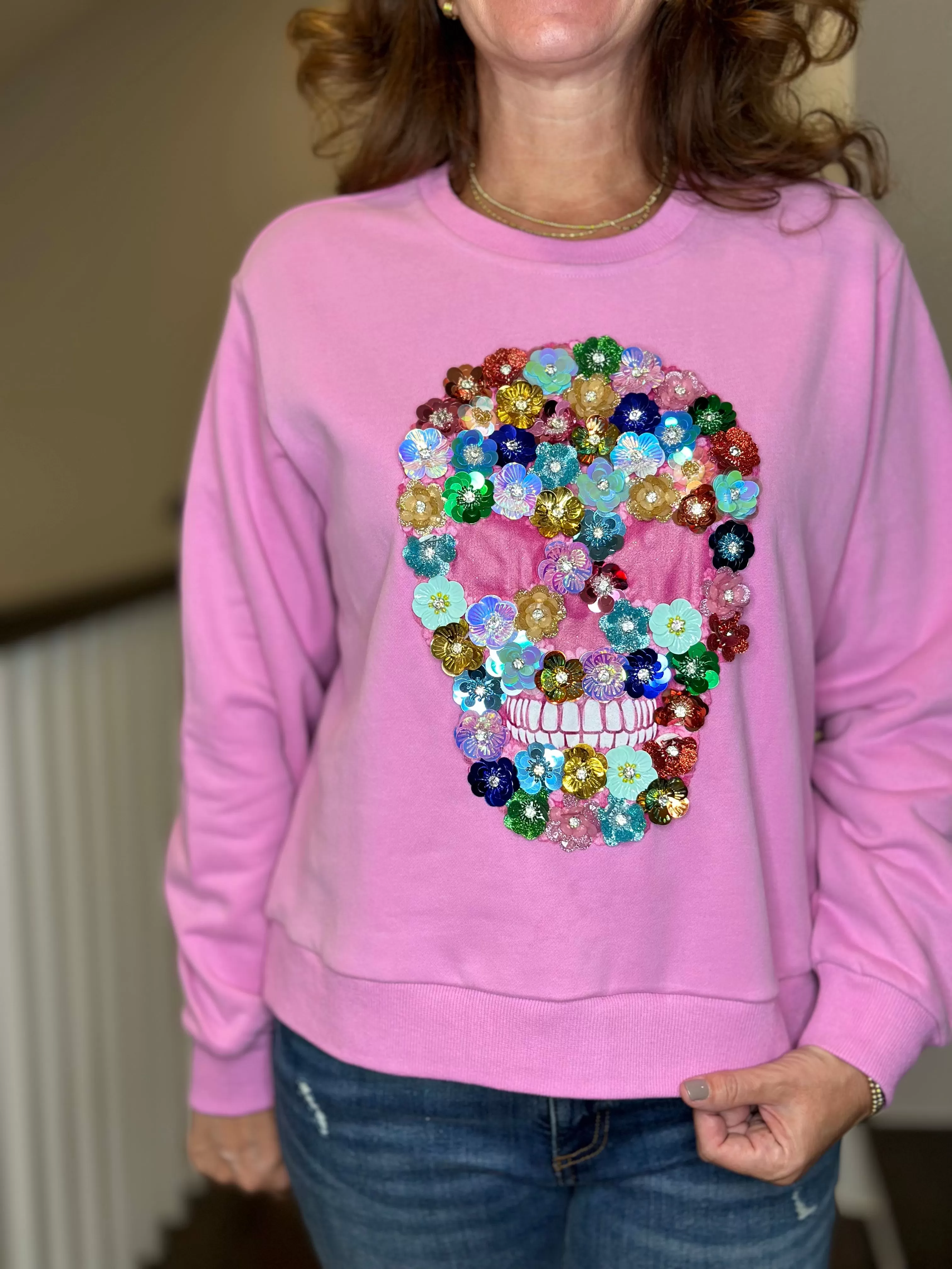 Queen of Sparkles 3D Flower Skull Sweatshirt in Pink