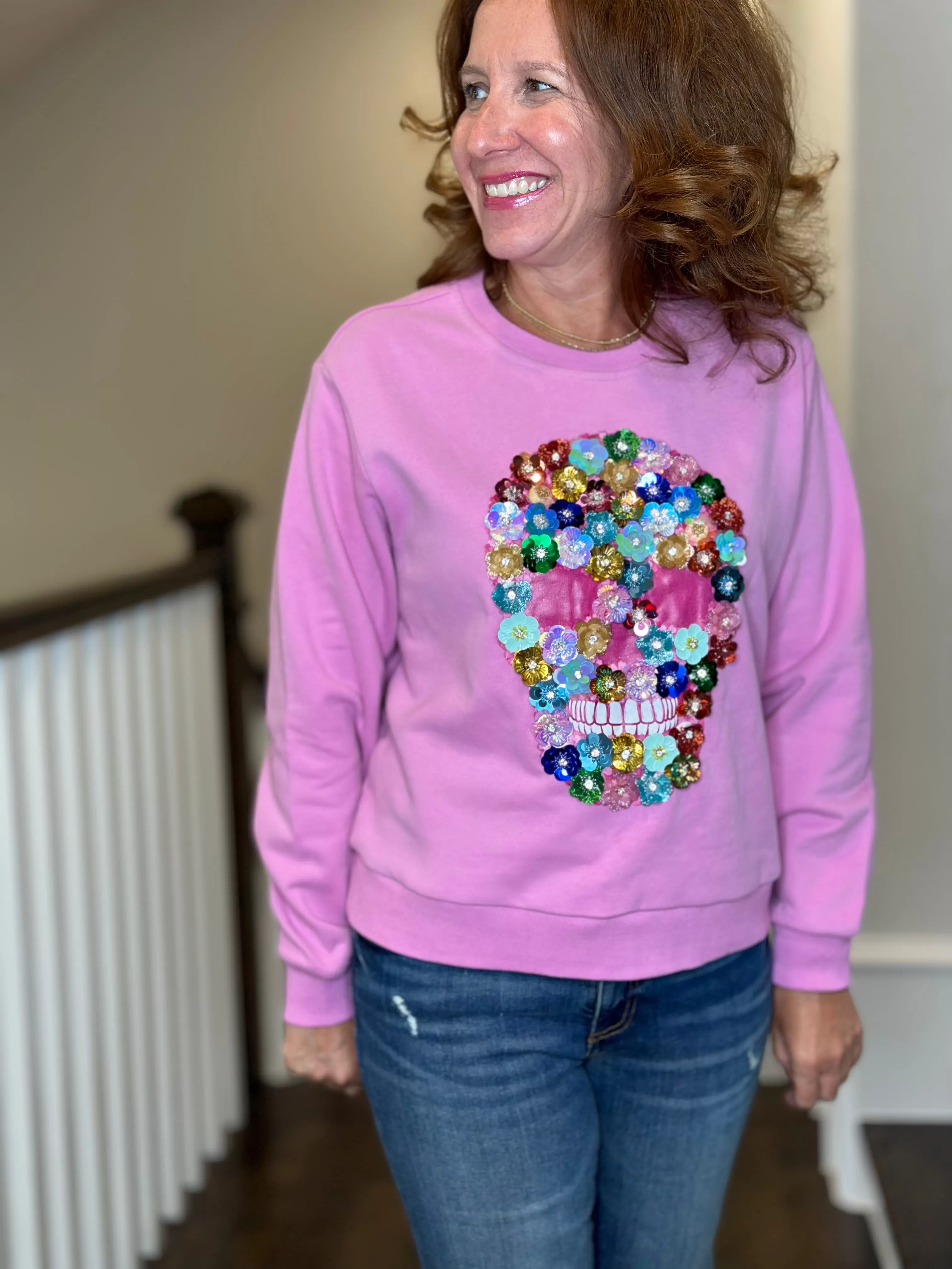 Queen of Sparkles 3D Flower Skull Sweatshirt in Pink