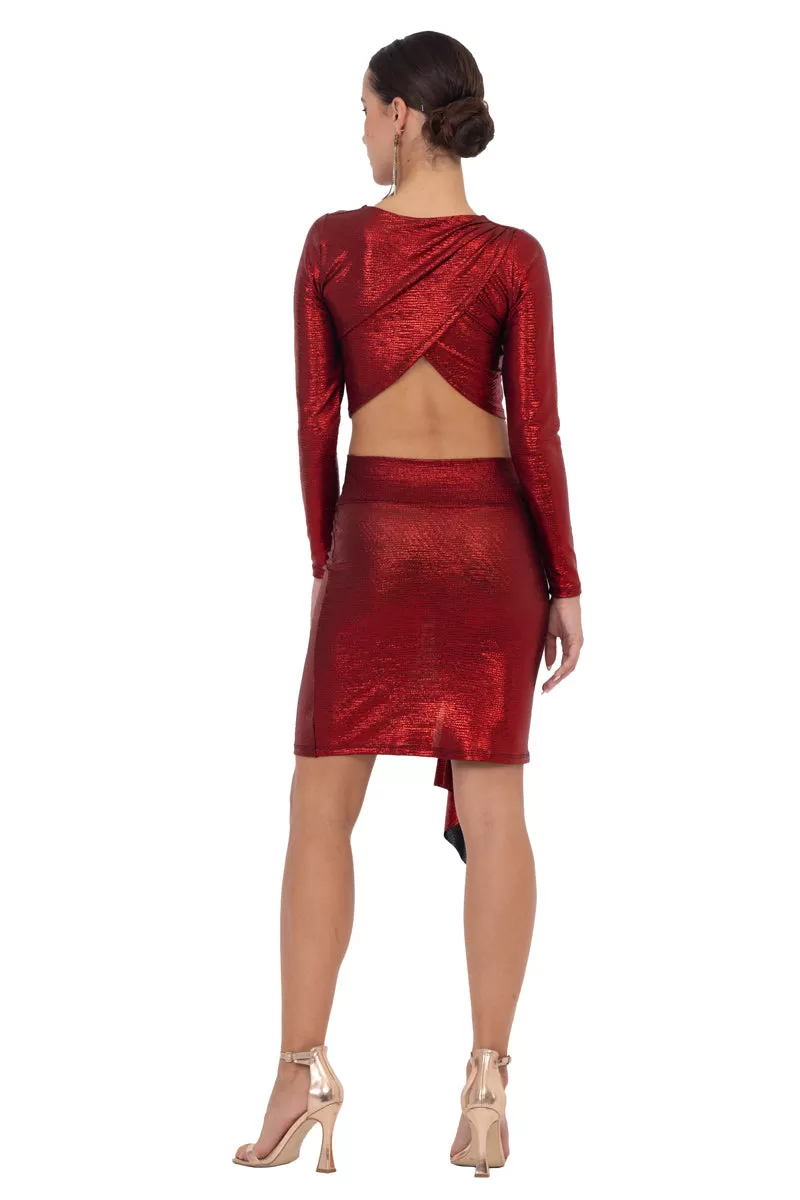 Red Metallic Skirt With Front Panel