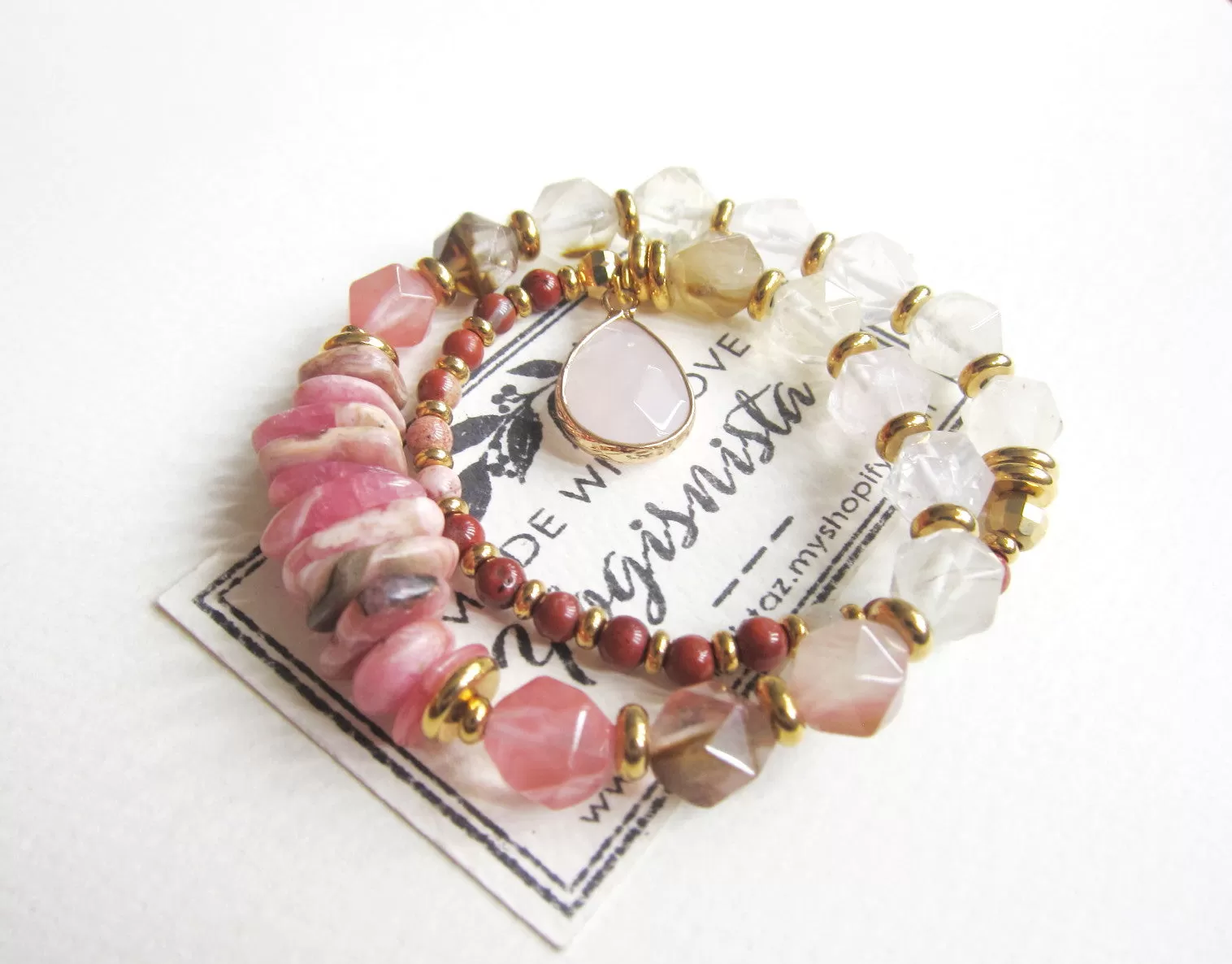 Rhodochrosite, Rose Quartz, Citrine, Clear Quartz - Love, Fertility, Growth Mala Bracelet