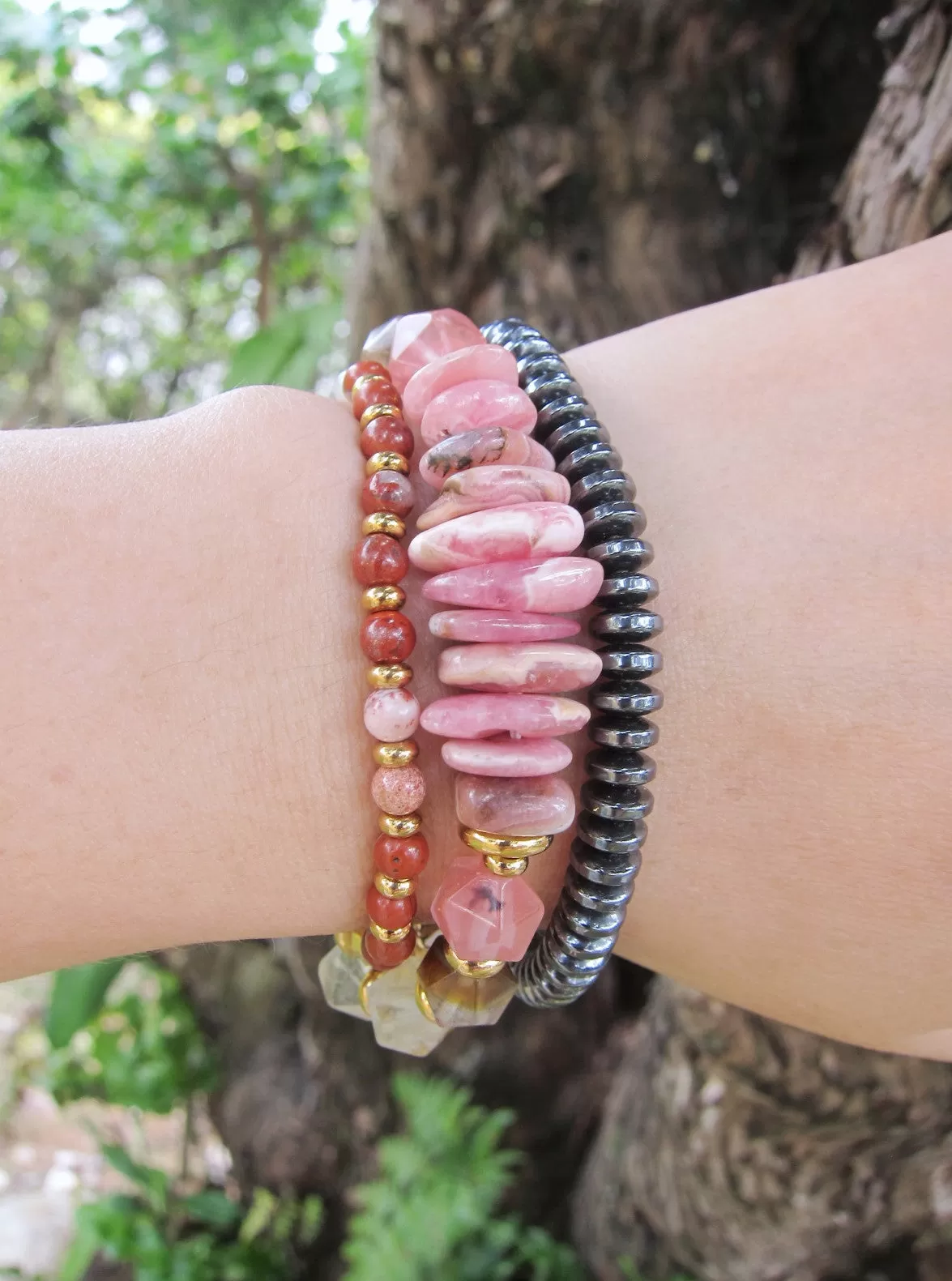 Rhodochrosite, Rose Quartz, Citrine, Clear Quartz - Love, Fertility, Growth Mala Bracelet