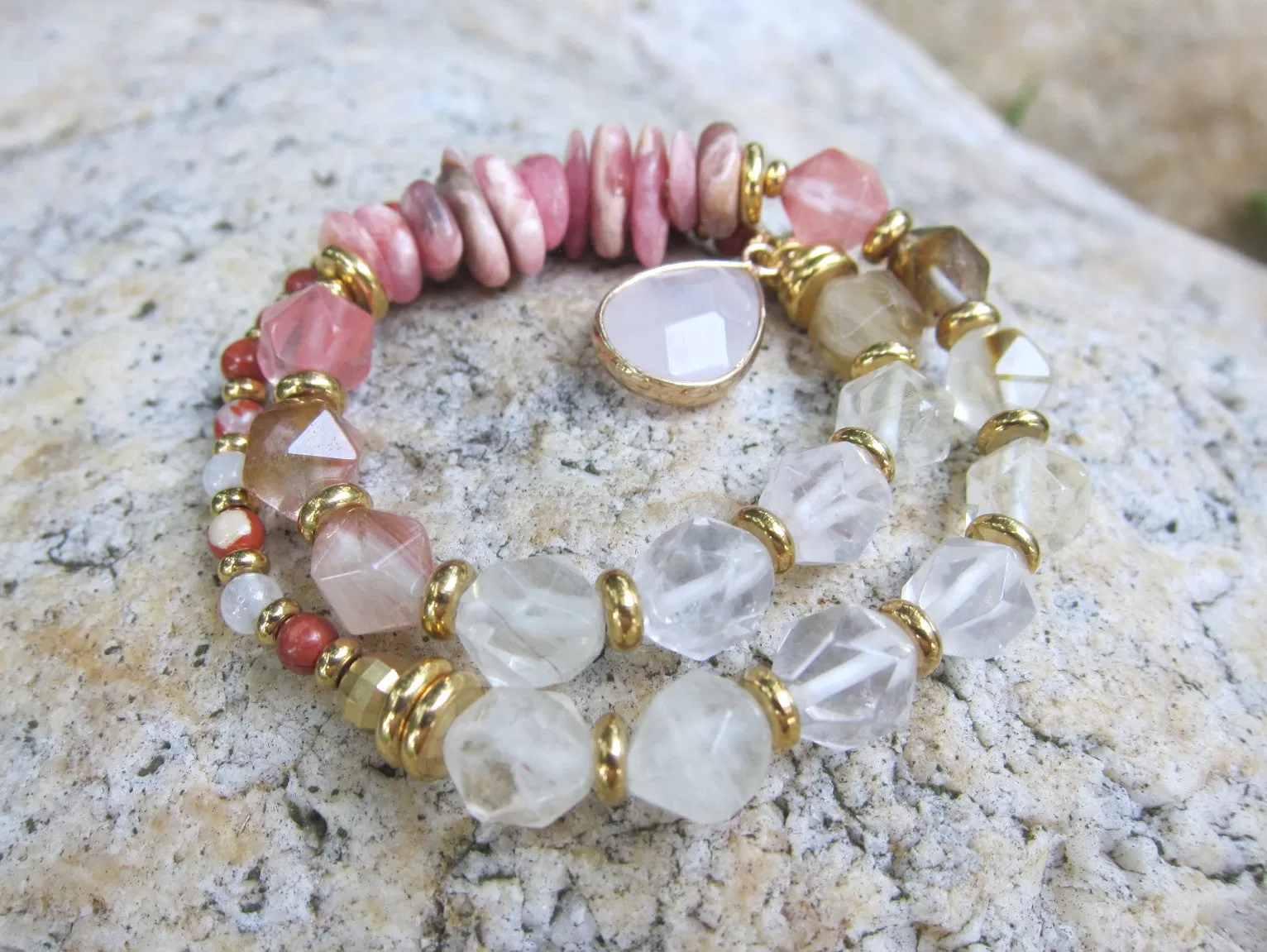 Rhodochrosite, Rose Quartz, Citrine, Clear Quartz - Love, Fertility, Growth Mala Bracelet