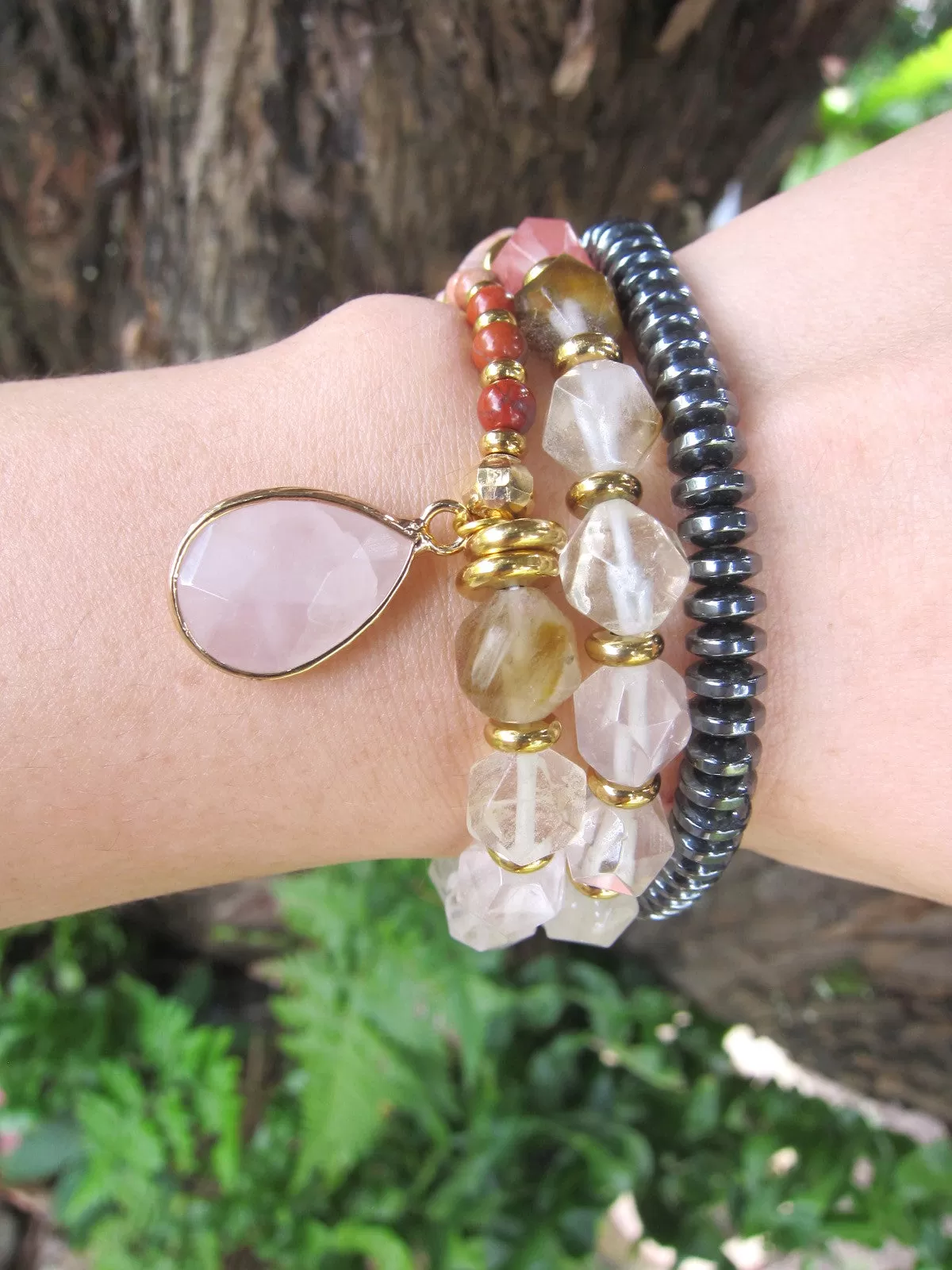 Rhodochrosite, Rose Quartz, Citrine, Clear Quartz - Love, Fertility, Growth Mala Bracelet