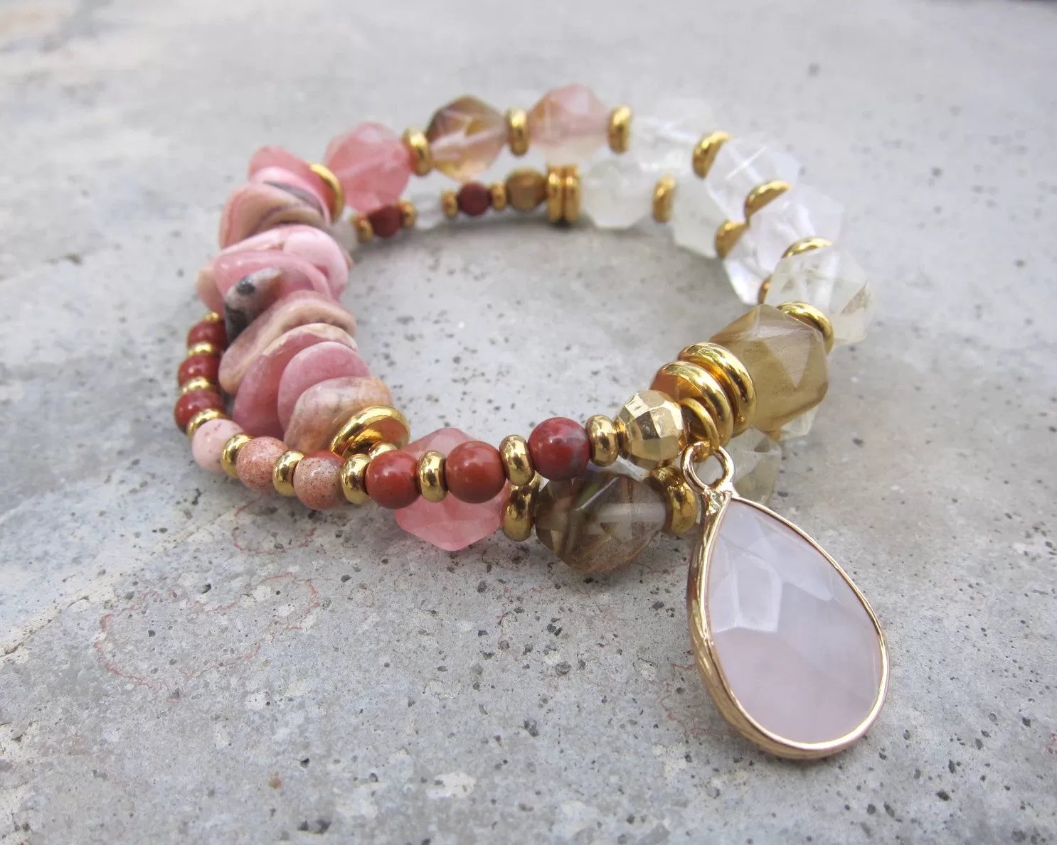 Rhodochrosite, Rose Quartz, Citrine, Clear Quartz - Love, Fertility, Growth Mala Bracelet