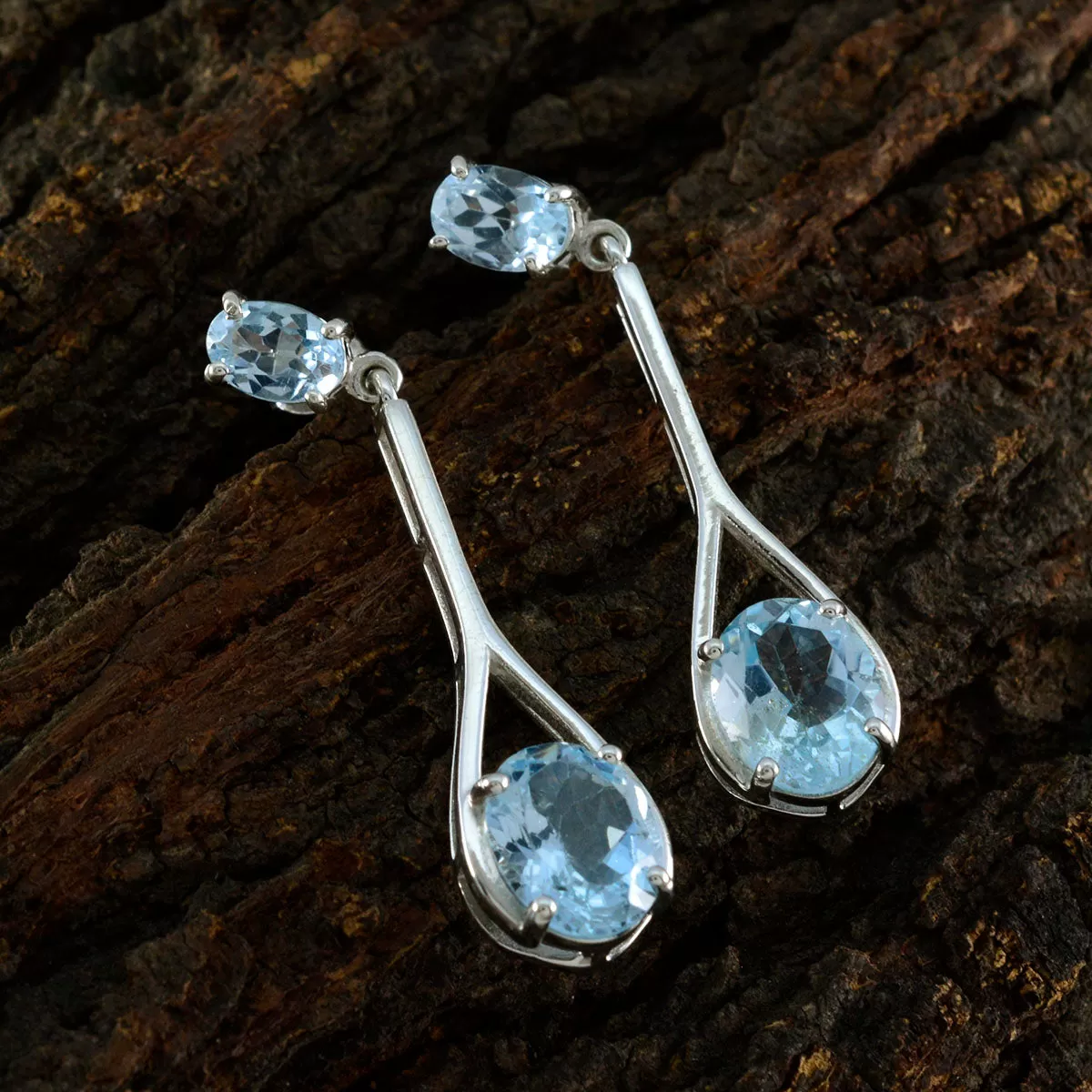 Riyo Beddable Sterling Silver Earring For Girl Blue Topaz Earring Bezel Setting Blue Earring Stud Earring