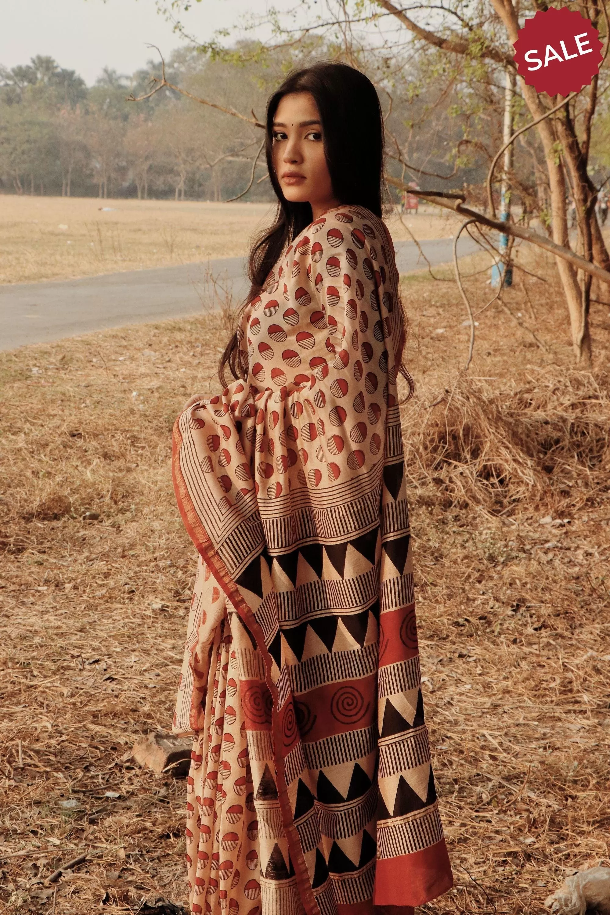 Roheda - Red Syahi Begar  handblockprinted silk cotton saree