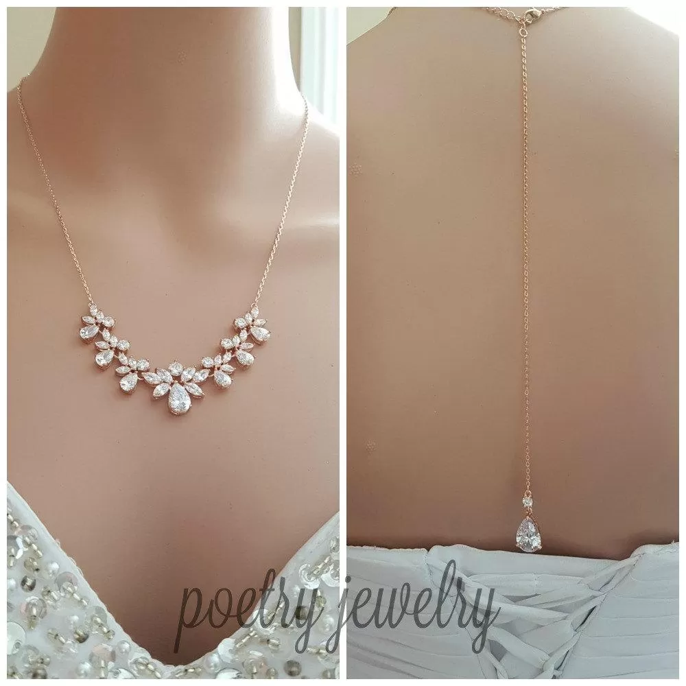 Rose Gold Bridal Necklace Crystal Bridal Back drop Necklace Rose Gold Wedding Back Necklace Wedding Bridal Jewelry, Nicole