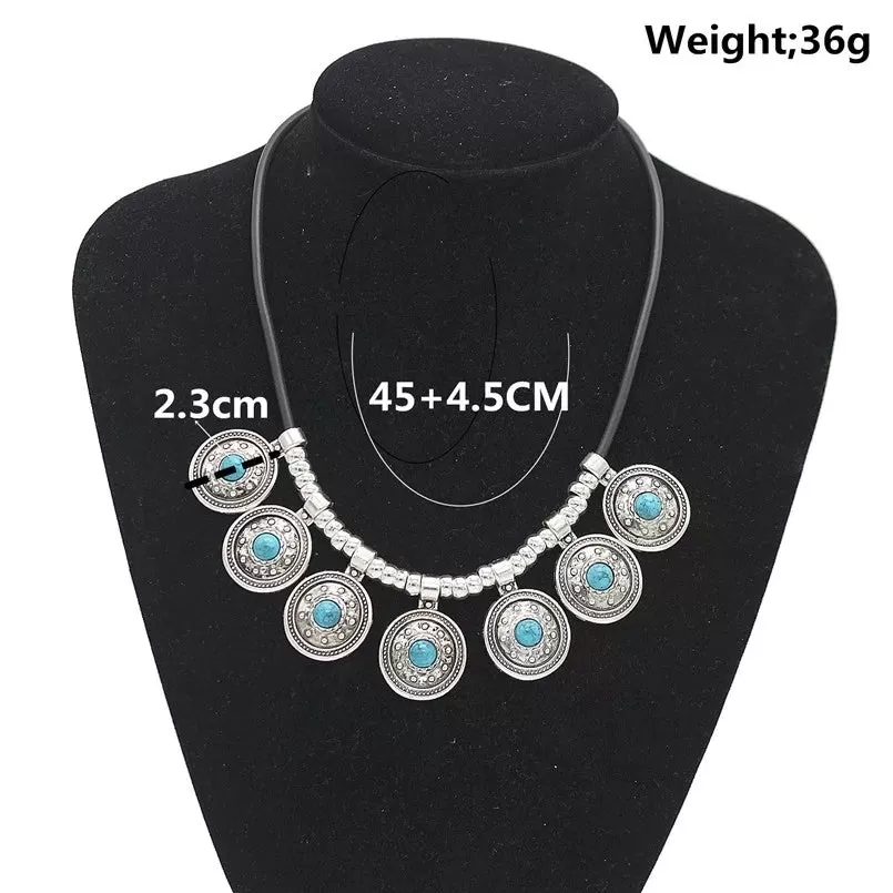 Round Vintage Tibetan Silver Leather Choker Statement Necklace