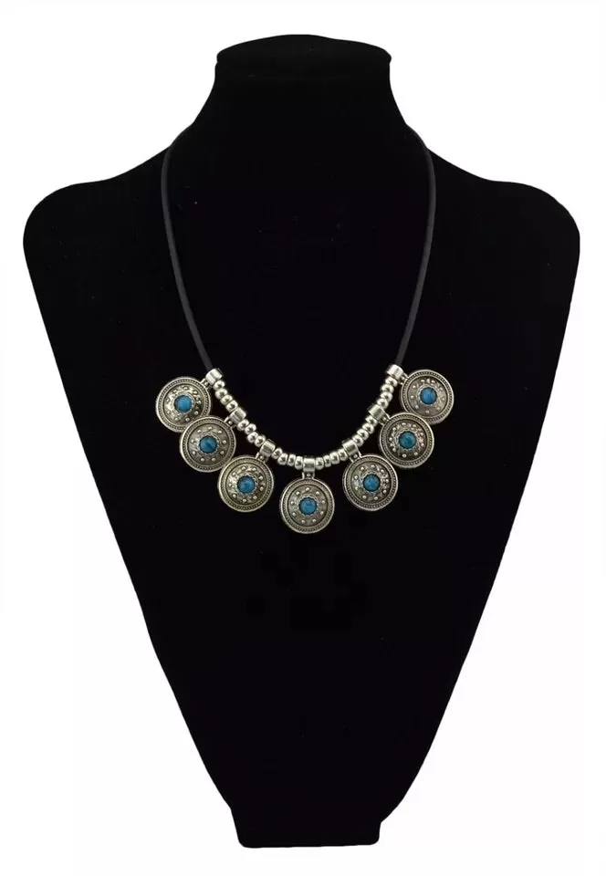 Round Vintage Tibetan Silver Leather Choker Statement Necklace