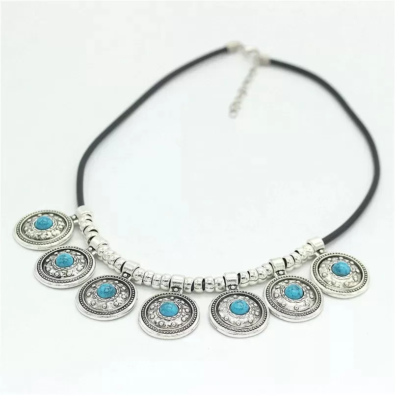 Round Vintage Tibetan Silver Leather Choker Statement Necklace