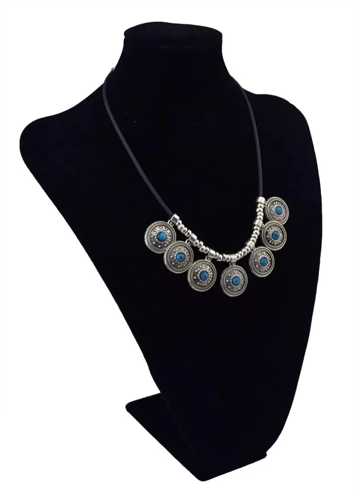 Round Vintage Tibetan Silver Leather Choker Statement Necklace