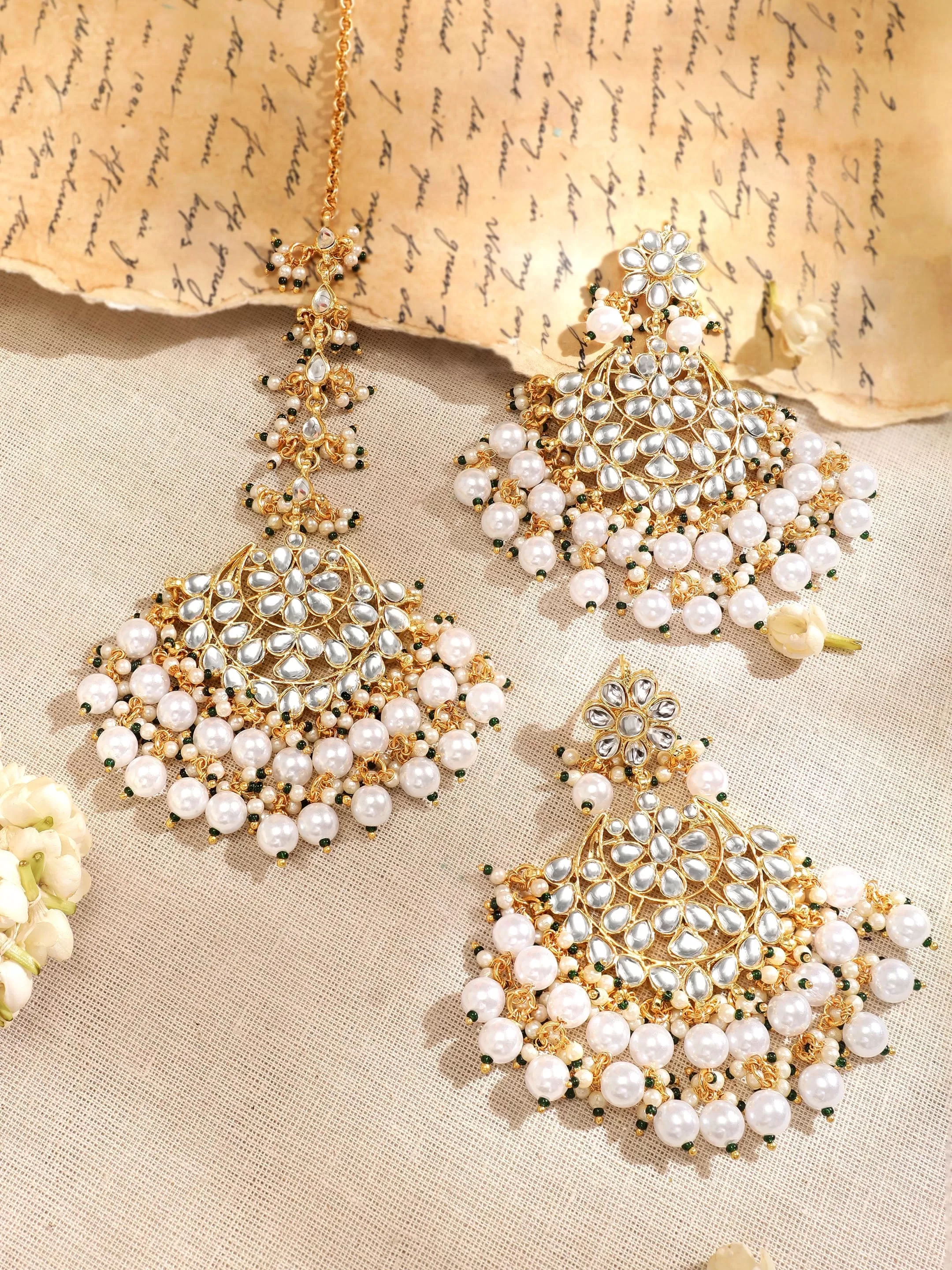 Rubans 22K Gold plated Kundan with pearl beaded Chandbali Statement Earrings and maang tika set