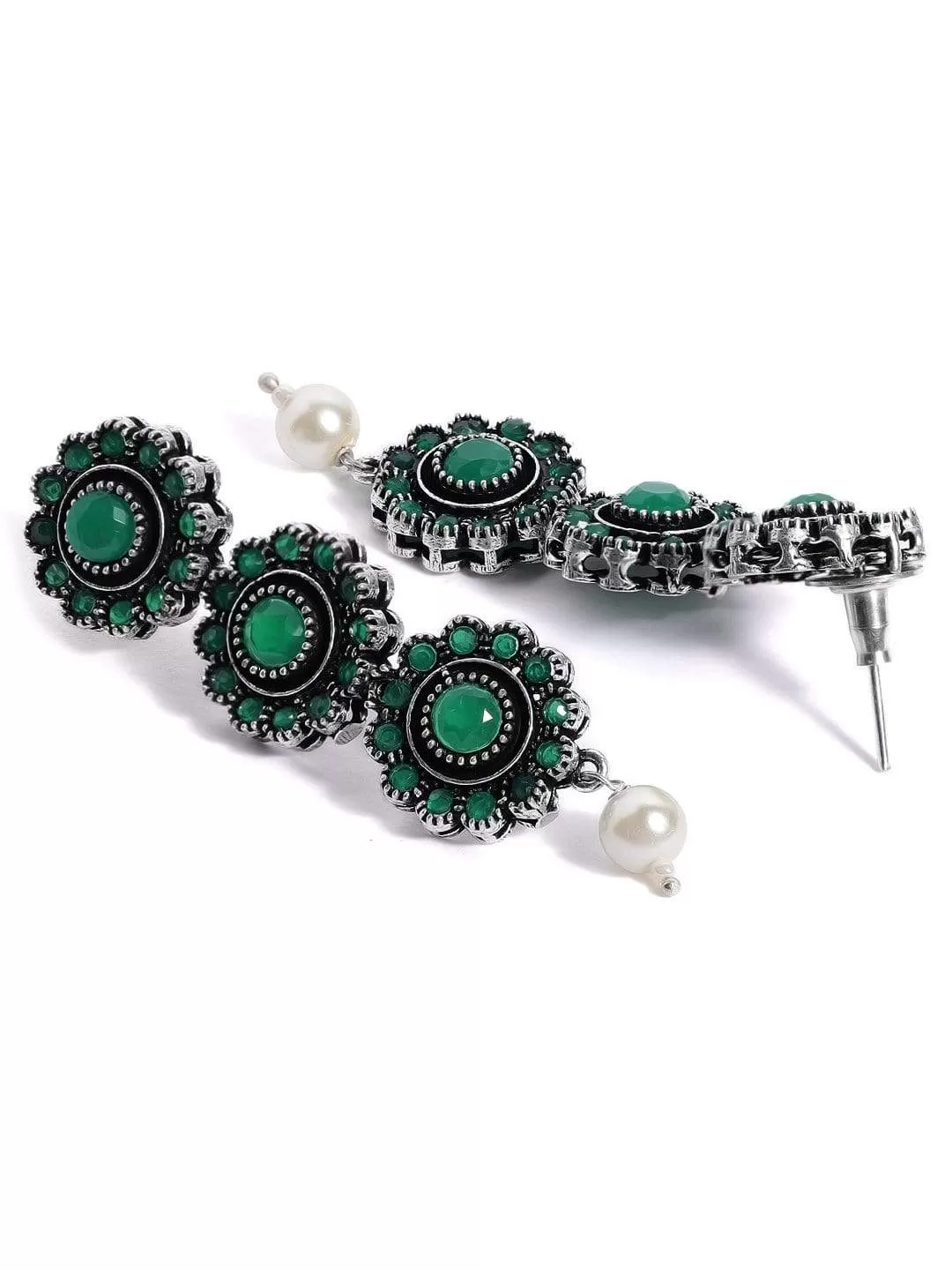 Rubans Silver Plated Handcrafted Oxidised Green Stone Necklace Set