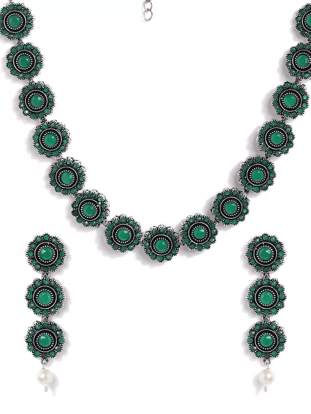 Rubans Silver Plated Handcrafted Oxidised Green Stone Necklace Set