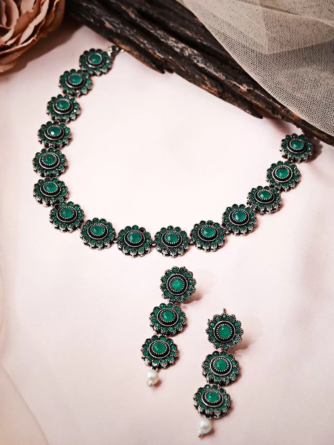 Rubans Silver Plated Handcrafted Oxidised Green Stone Necklace Set