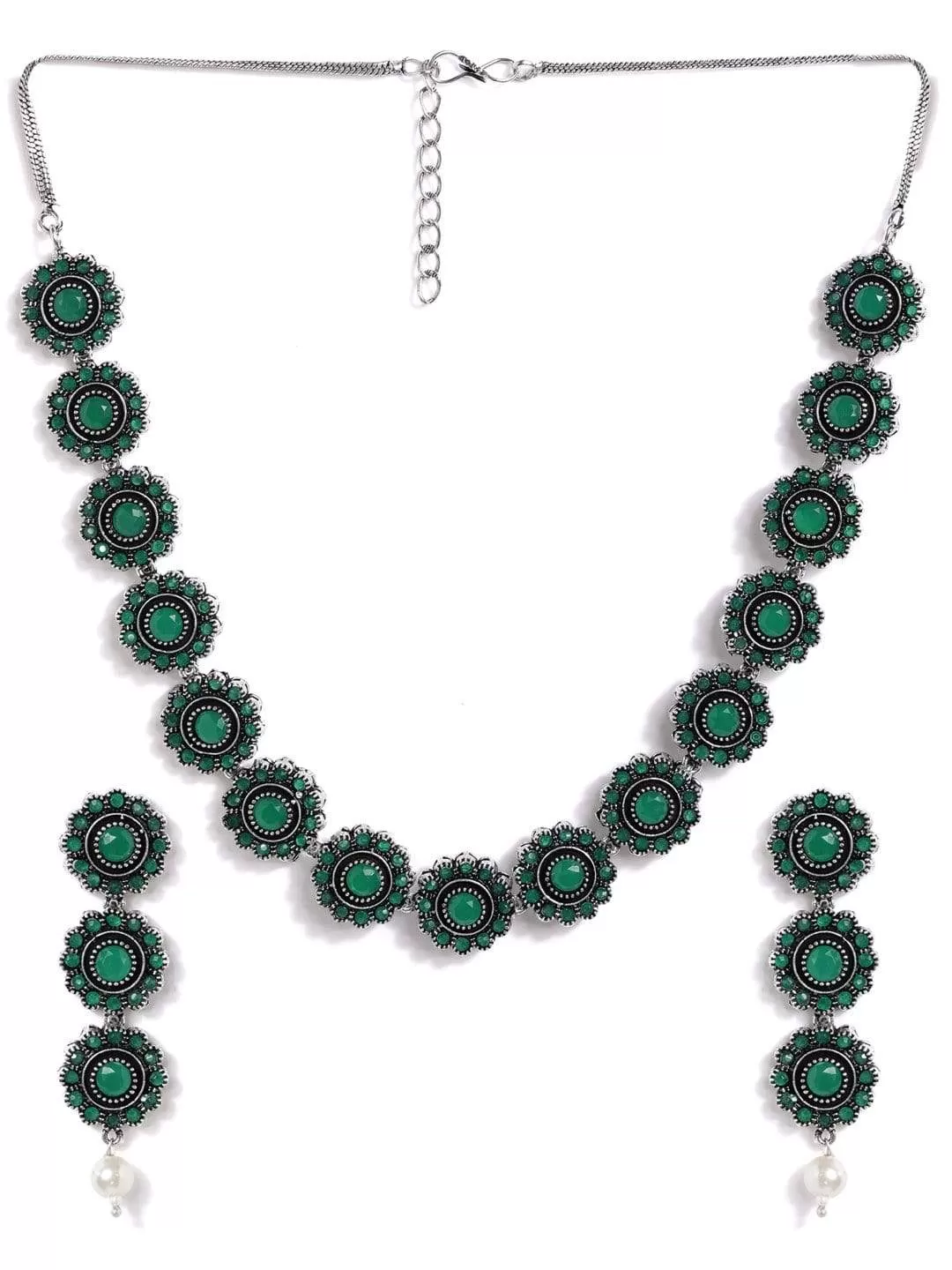 Rubans Silver Plated Handcrafted Oxidised Green Stone Necklace Set