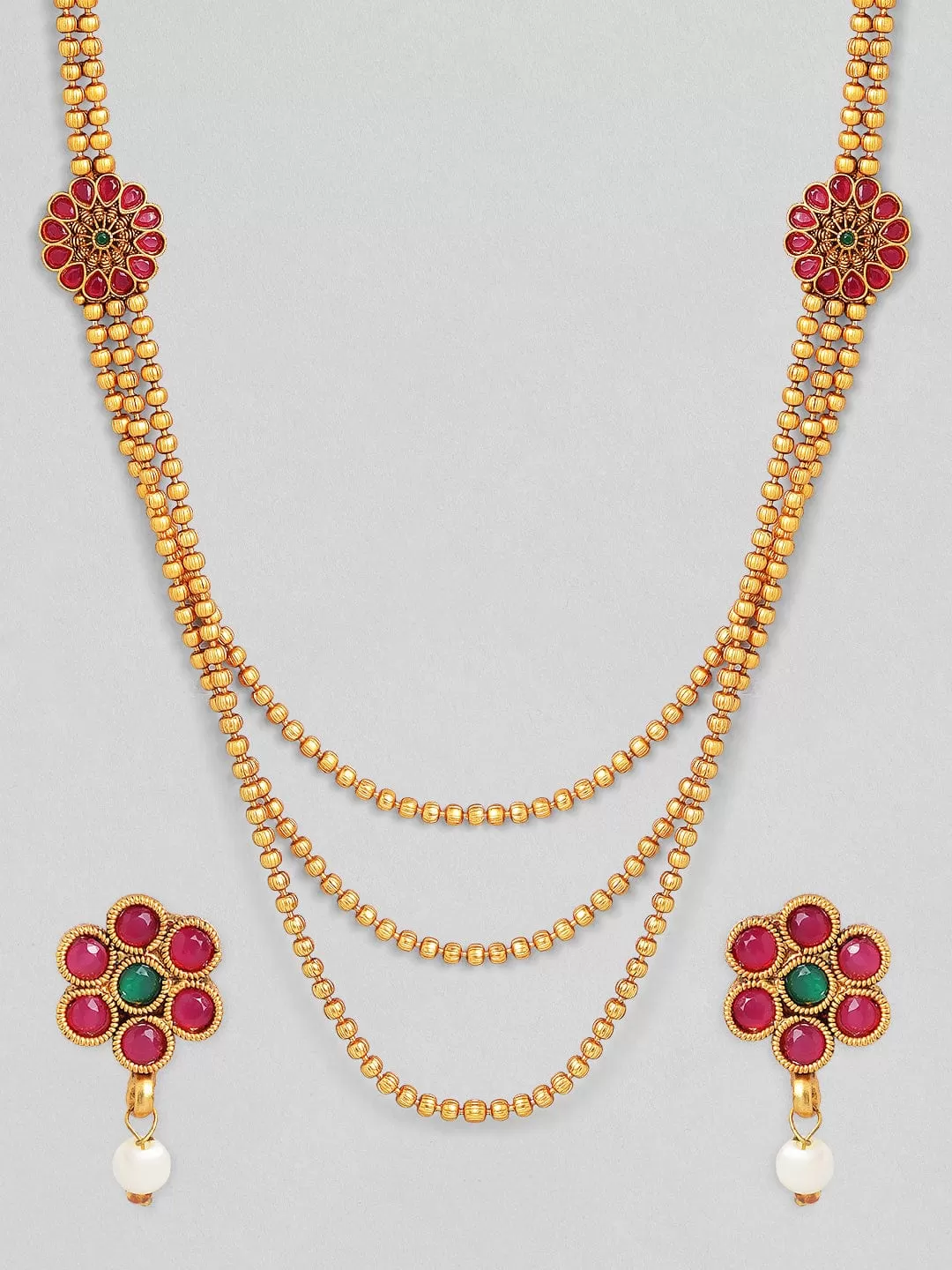 Rubans Traditional Gold Plated Layered Necklace Set With Ruby Stoned Earrings